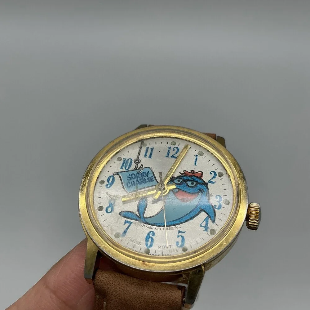 Vintage Star-Kist Charlie Tuna Mens Watch 35mm Logo Dial Leather Manual Wind